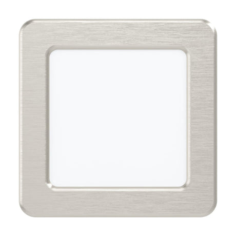 Gosmelle square LED downlight with brushed satin nickel frame and white plastic diffuser, 11.7 x 11.7cm, cool white, shown on a plain background.