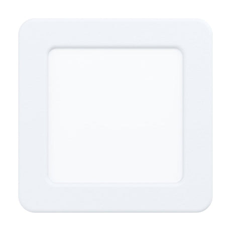 Gosmelle square LED downlight, 11.7 x 11.7cm, in white with a rounded steel trim and flat plastic diffuser, shown against a plain white background, integrated LED, cool white, non-dimmable.