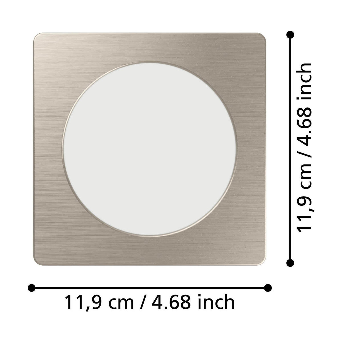 Gosmelle LED downlight with a square satin nickel bezel and round white diffuser, dimensions 11.9 x 11.9cm shown with measurement guides on a white background.