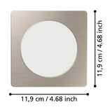 Gosmelle LED downlight with a square satin nickel bezel and round white diffuser, dimensions 11.9 x 11.9cm shown with measurement guides on a white background.
