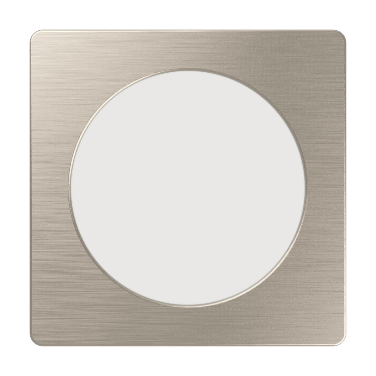 Gosmelle LED Downlight, a square recessed fixture with rounded corners in a brushed satin nickel finish, framing a round white diffuser, shown on a plain white background.