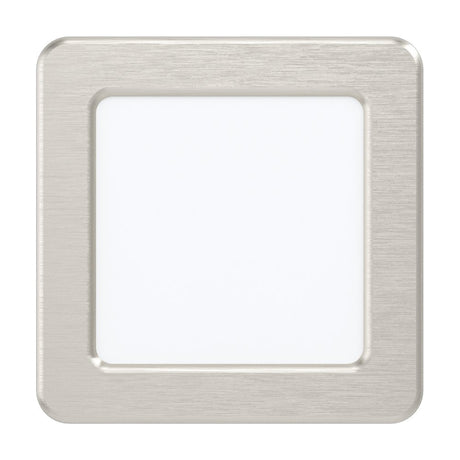 Gosmelle square LED downlight with brushed satin nickel frame and white plastic diffuser, 11.7 x 11.7cm, warm white light, shown on a plain white background.