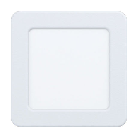 Gosmelle LED downlight, square white steel body with opal plastic diffuser and rounded corners, 11.7 x 11.7cm, warm white, shown on a plain white background.