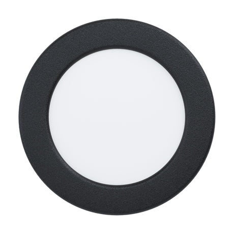 Gosmelle round LED downlight, 11.7cm, with a black steel bezel framing a white plastic diffuser, shown on a plain white background.