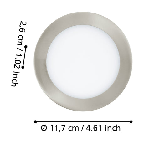 Gosmelle round LED downlight with satin nickel steel bezel and white diffuser, shown with dimension labels for 11.7cm diameter and 2.6cm recess depth on a white background.