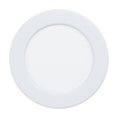 Gosmelle round LED downlight, 11.7cm white steel body with a white plastic diffuser and slim rim, shown front-on against a plain white background.