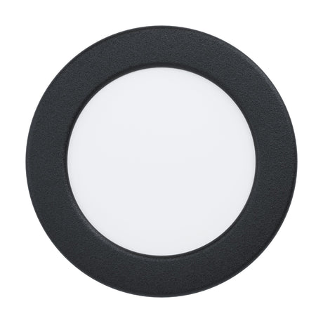 Gosmelle round LED downlight, 11.7cm, with black steel bezel and white plastic diffuser, warm white 3000K, IP20, shown on a plain white background.