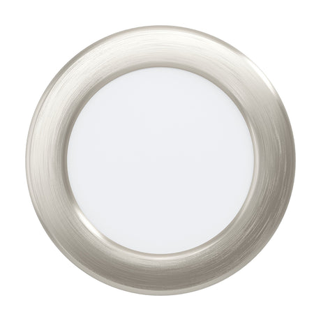 Gosmelle round LED downlight, 11.7cm, with a satin nickel steel rim showing a brushed texture and a white plastic diffuser centre, shown on a plain white background.