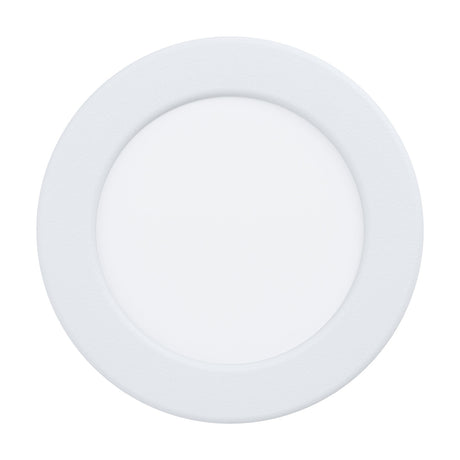 Gosmelle round LED downlight in white plastic, 11.9cm, with a wide rounded bezel framing an opal diffuser, IP44 rated, shown against a plain white background.