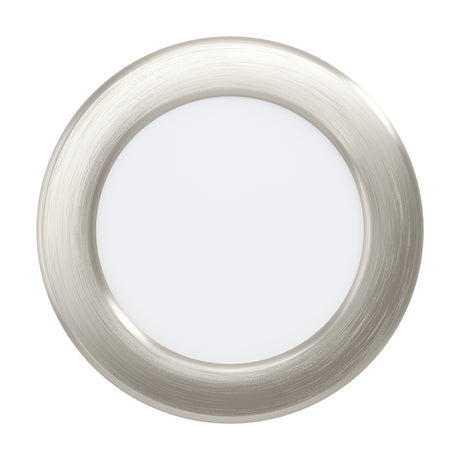 Gosmelle LED Downlight 11.9cm in Satin Nickel, round recessed fixture with a brushed metallic ring framing a white diffuser, shown on a plain white background.