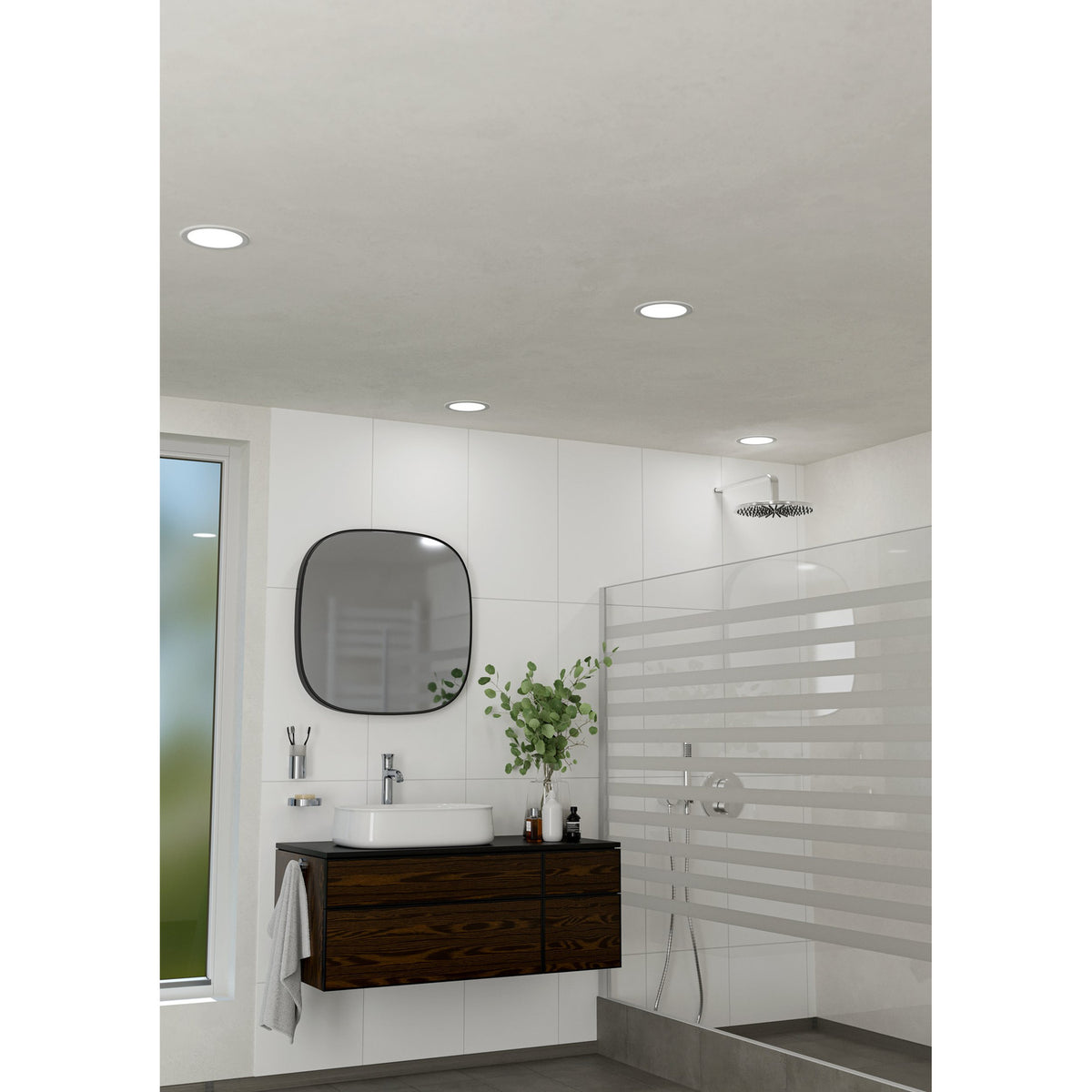 Gosmelle LED downlights recessed in a bathroom ceiling, round white flush fittings above a vanity with mirror and walk-in shower.