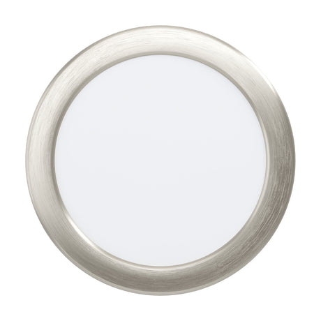 Gosmelle round LED downlight with satin nickel steel bezel and white plastic diffuser, 16.6cm, 11W cool white, shown on a plain white background.