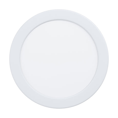 Gosmelle round LED downlight in white, with slim steel body, flat white plastic diffuser, and narrow trim, shown on a plain white background.