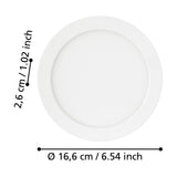 Round white Gosmelle LED downlight with dimension labels showing 16.6cm diameter and 2.6cm recess depth, white plastic diffuser and steel body, on a plain white background.