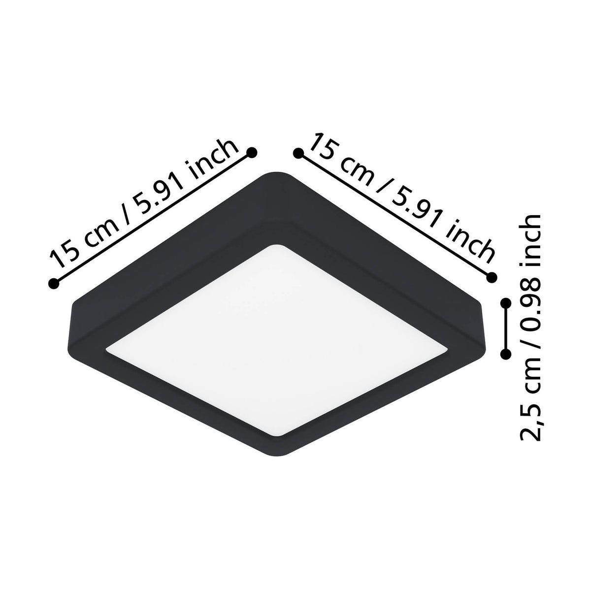 Gosmelle square LED downlight with black plastic frame and white diffuser, shown at an angle with dimension labels 15 x 15cm width and 2.5cm height, IP20, on a white background.