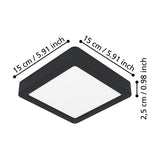Gosmelle square LED downlight with black plastic frame and white diffuser, shown at an angle with dimension labels 15 x 15cm width and 2.5cm height, IP20, on a white background.