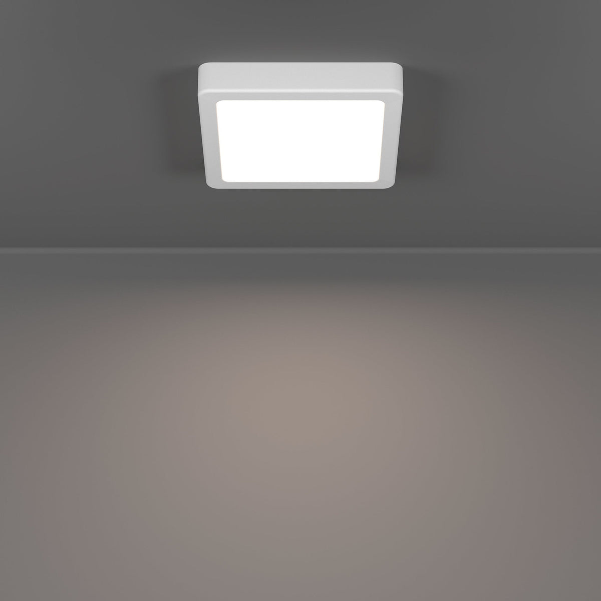 Gosmelle square LED downlight in white plastic, surface-mounted on a grey ceiling, showing its low-profile frame and illuminated diffuser panel.
