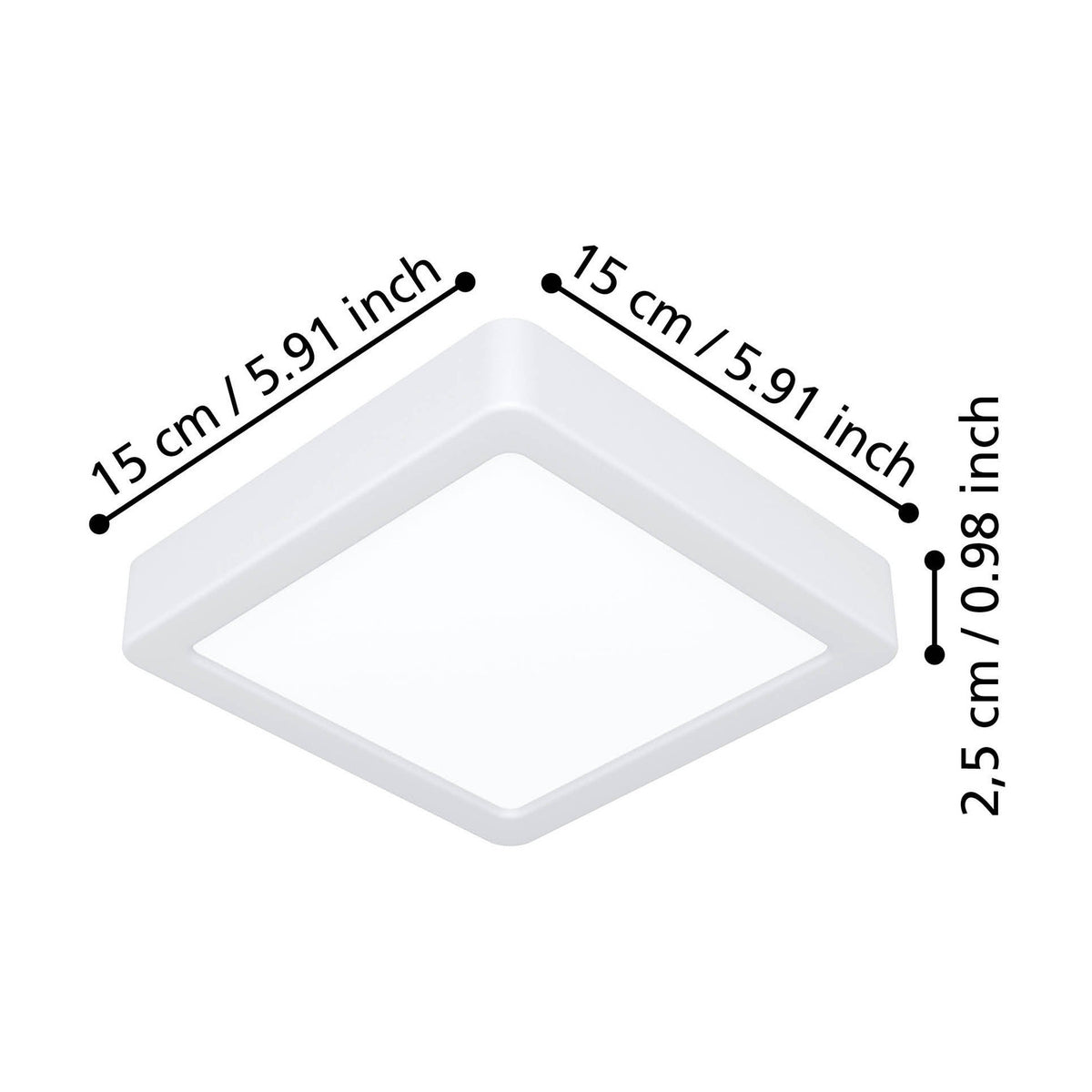 Gosmelle square LED downlight in white plastic with rounded corners, shown with labelled dimensions of 15 x 15cm width and 2.5cm height on a white background.