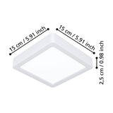 Gosmelle square LED downlight in white plastic with rounded corners, shown with labelled dimensions of 15 x 15cm width and 2.5cm height on a white background.