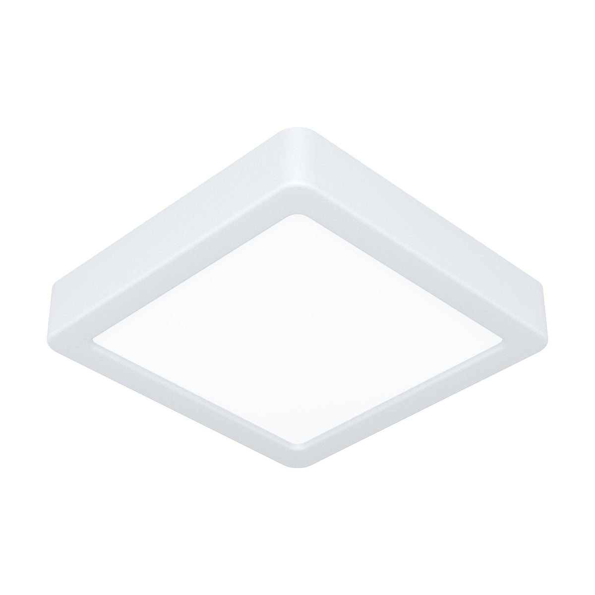 Gosmelle square LED downlight in white, 15 x 15cm with a white plastic body and diffuser, rounded corners, integrated LED, IP20, shown on a plain white background.