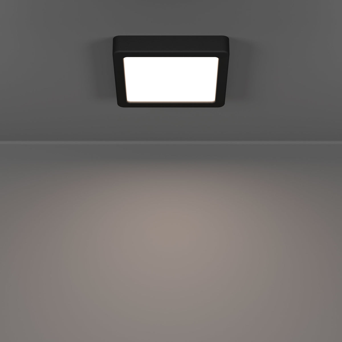 Gosmelle square LED downlight, 15 x 15cm surface-mounted ceiling panel with black plastic frame and white diffuser, IP44 rated, shown lit on a grey ceiling.