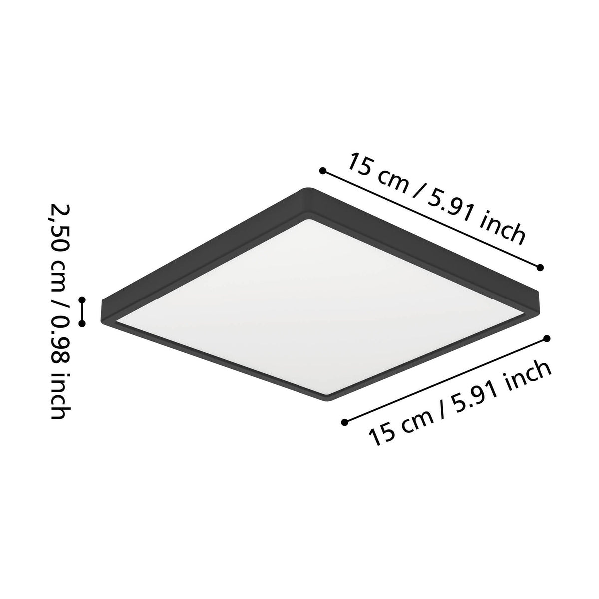 Gosmelle LED Downlight with square black plastic frame and white diffuser, shown at an angle with dimension labels: 15 x 15cm width and 2.5cm depth, IP44 rated.