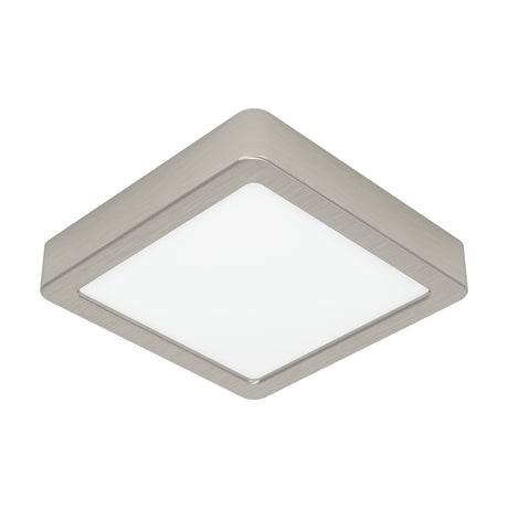 Gosmelle LED Downlight, 15 x 15cm square surface-mounted fixture with satin nickel frame and white diffuser, shown at an angle on a plain white background.