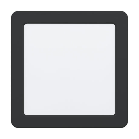 Gosmelle LED Downlight, 16.6 x 16.6cm square recessed fixture with black steel frame and flat white plastic diffuser, shown on a plain white background.
