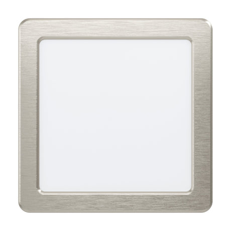 Gosmelle LED Downlight, 16.6 x 16.6cm square fixture with brushed satin nickel frame and flat white diffuser, integrated LED, shown on a plain white background.