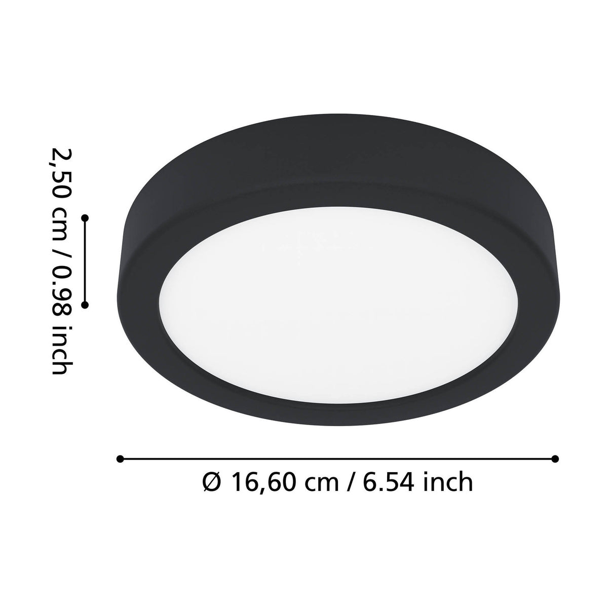 Gosmelle round LED downlight with black plastic body and white diffuser, shown with dimension markers indicating 16.6cm diameter and 2.5cm depth on a white background.