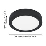 Gosmelle round LED downlight with black plastic body and white diffuser, shown with dimension markers indicating 16.6cm diameter and 2.5cm depth on a white background.