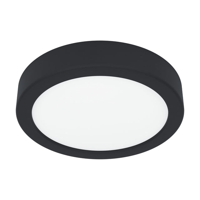Gosmelle round LED downlight, 16.6 x 2.5cm, black plastic body with white diffuser, IP44 rated, shown on a plain white background.
