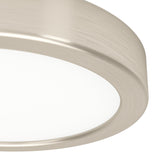 Close-up of the Gosmelle LED downlight, a round flush ceiling fixture with a satin nickel steel rim and white plastic diffuser, shown against a plain white background.