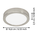 Gosmelle LED Downlight with round satin nickel steel rim and white plastic diffuser, shown on a white background with dimensions labelled Ø16.6cm x 2.5cm.