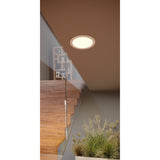 Gosmelle LED Downlight 16.8cm IP20 in white, round recessed fixture with opal diffuser set into a brown ceiling above a staircase landing with glass balustrade.