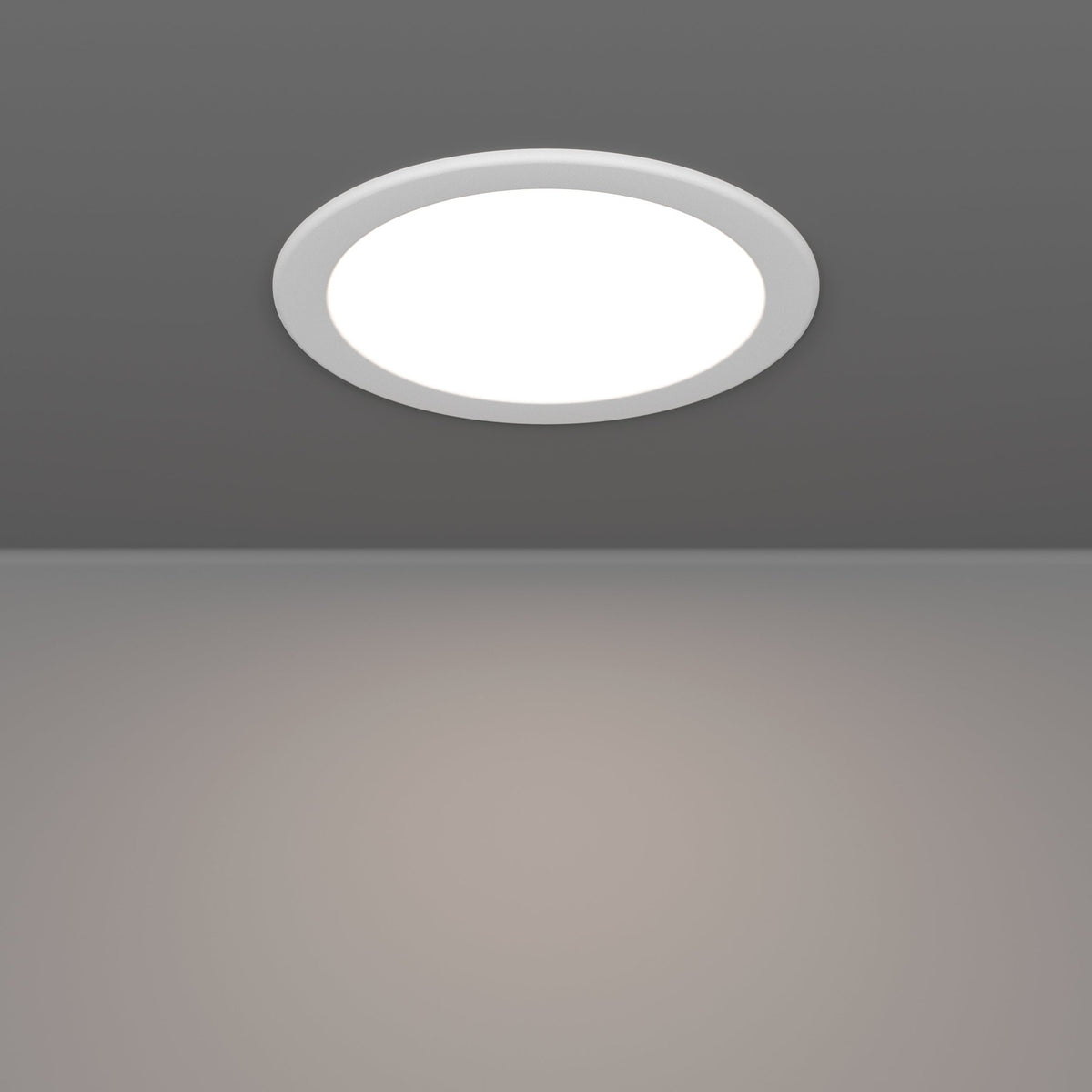 Gosmelle LED downlight in white, round recessed fixture with white trim and opal diffuser, shown illuminated in a ceiling, IP20, 16.8cm diameter.