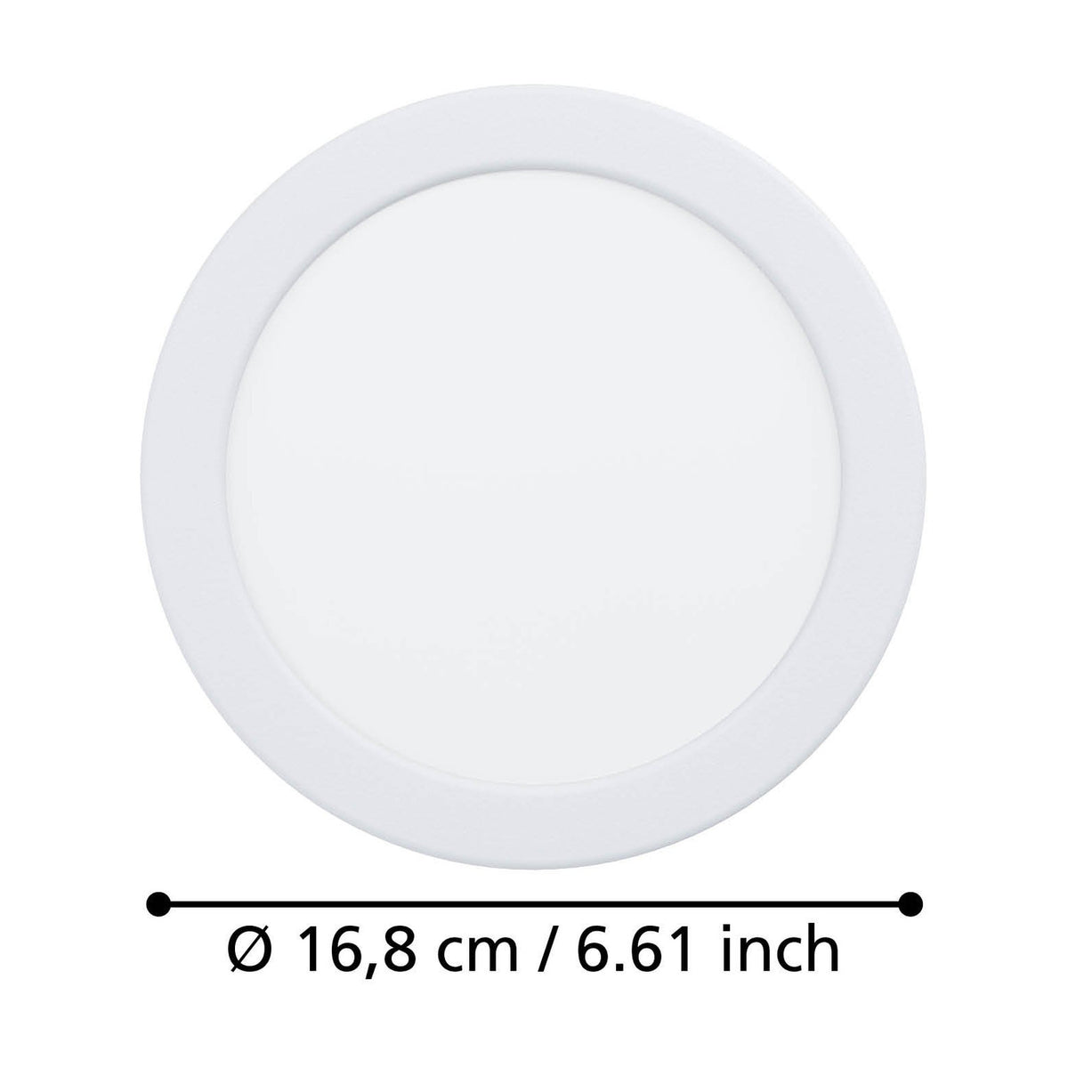 Round white LED downlight, Gosmelle 16.8cm, with white plastic trim framing an opal diffuser, shown against a plain white background with diameter measurement.