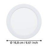 Round white LED downlight, Gosmelle 16.8cm, with white plastic trim framing an opal diffuser, shown against a plain white background with diameter measurement.