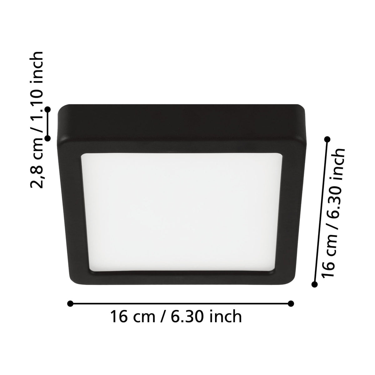 Gosmelle square LED downlight with black steel body and white plastic diffuser, shown with labelled dimensions 16 x 16 x 2.8cm on a white background.