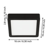 Gosmelle square LED downlight with black steel body and white plastic diffuser, shown with labelled dimensions 16 x 16 x 2.8cm on a white background.