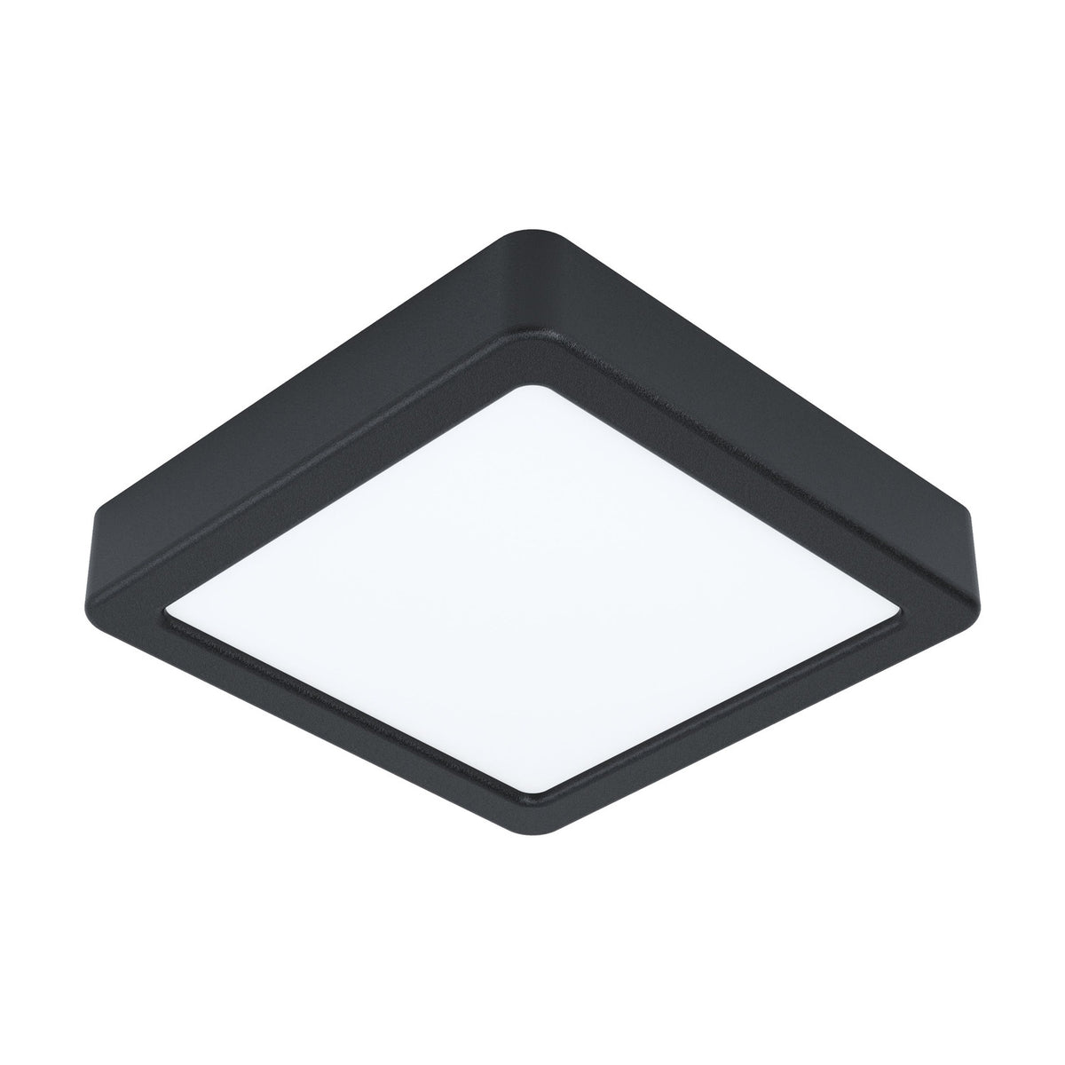 Gosmelle square LED downlight with black steel body and white plastic diffuser, 16 x 16cm, cool white light, shown on a plain white background.