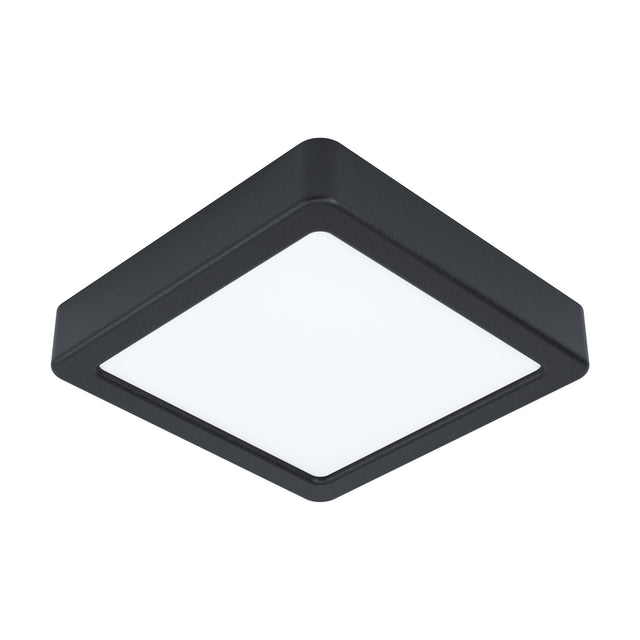 Gosmelle square LED downlight with black steel body and white plastic diffuser, 16 x 16cm, cool white light, shown on a plain white background.