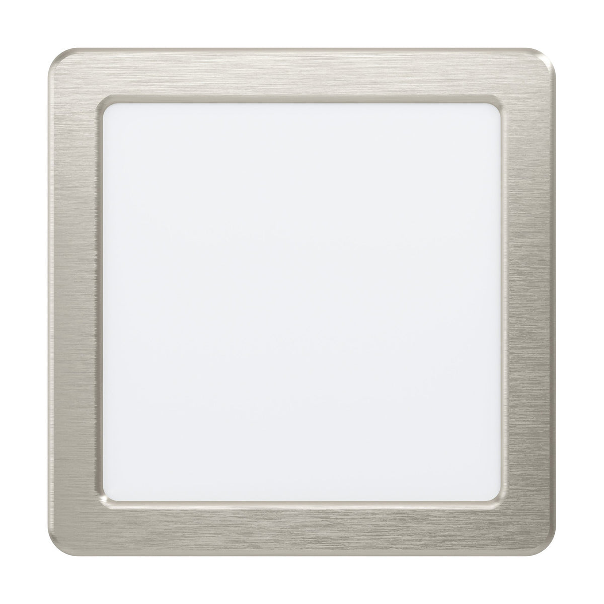 Gosmelle LED Downlight, square ceiling light with brushed satin nickel steel frame and white plastic diffuser, 16 x 16cm, shown on a plain white background.