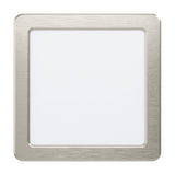 Gosmelle LED Downlight, square ceiling light with brushed satin nickel steel frame and white plastic diffuser, 16 x 16cm, shown on a plain white background.