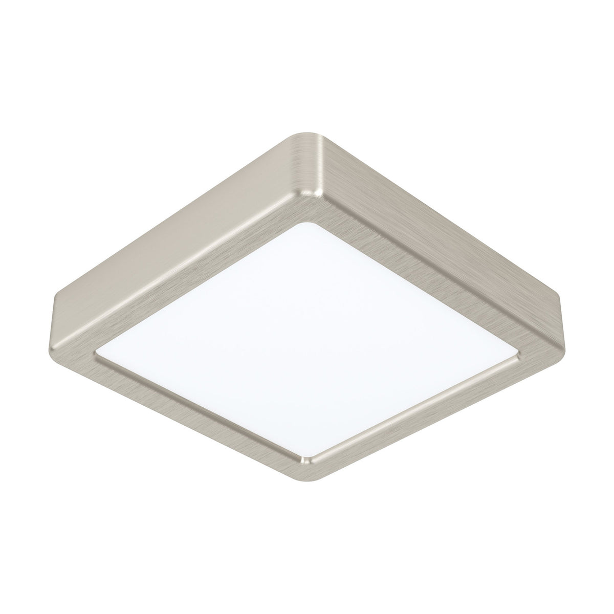 Gosmelle LED Downlight, a square surface ceiling light with a brushed satin nickel steel frame and white plastic diffuser, shown on a plain white background.