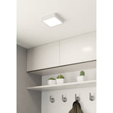 Gosmelle square LED downlight in white steel with a flush ceiling mount, shown above kitchen cabinets with a shelf, potted plants and coat hooks below.