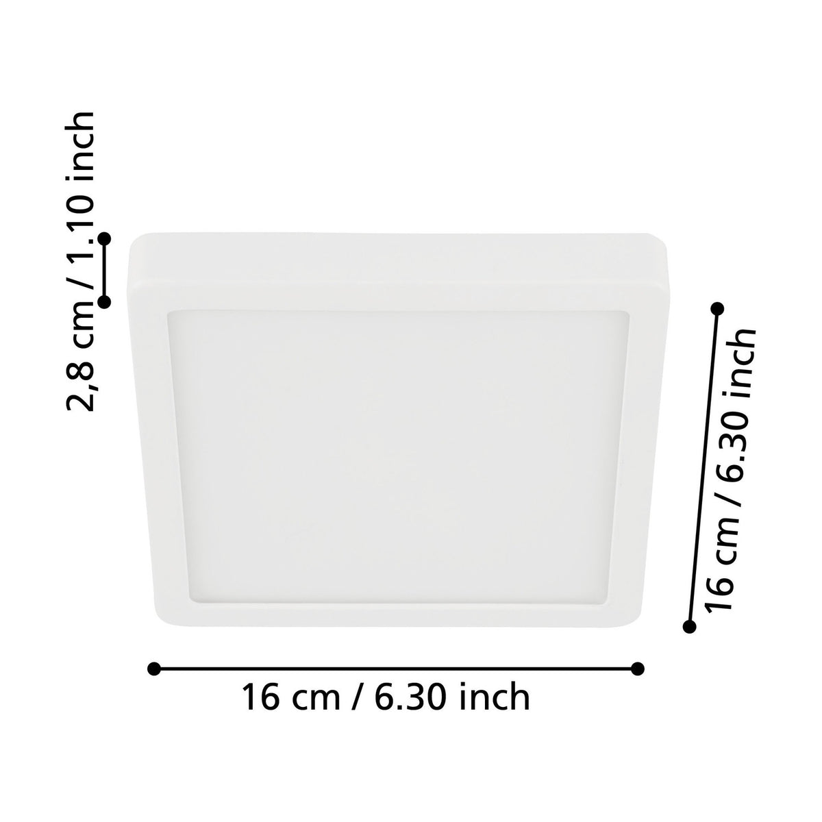 Gosmelle square LED downlight in white, with a white steel body and plastic diffuser, shown with labelled dimensions of 16 x 16 x 2.8cm on a white background.