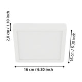 Gosmelle square LED downlight in white, with a white steel body and plastic diffuser, shown with labelled dimensions of 16 x 16 x 2.8cm on a white background.
