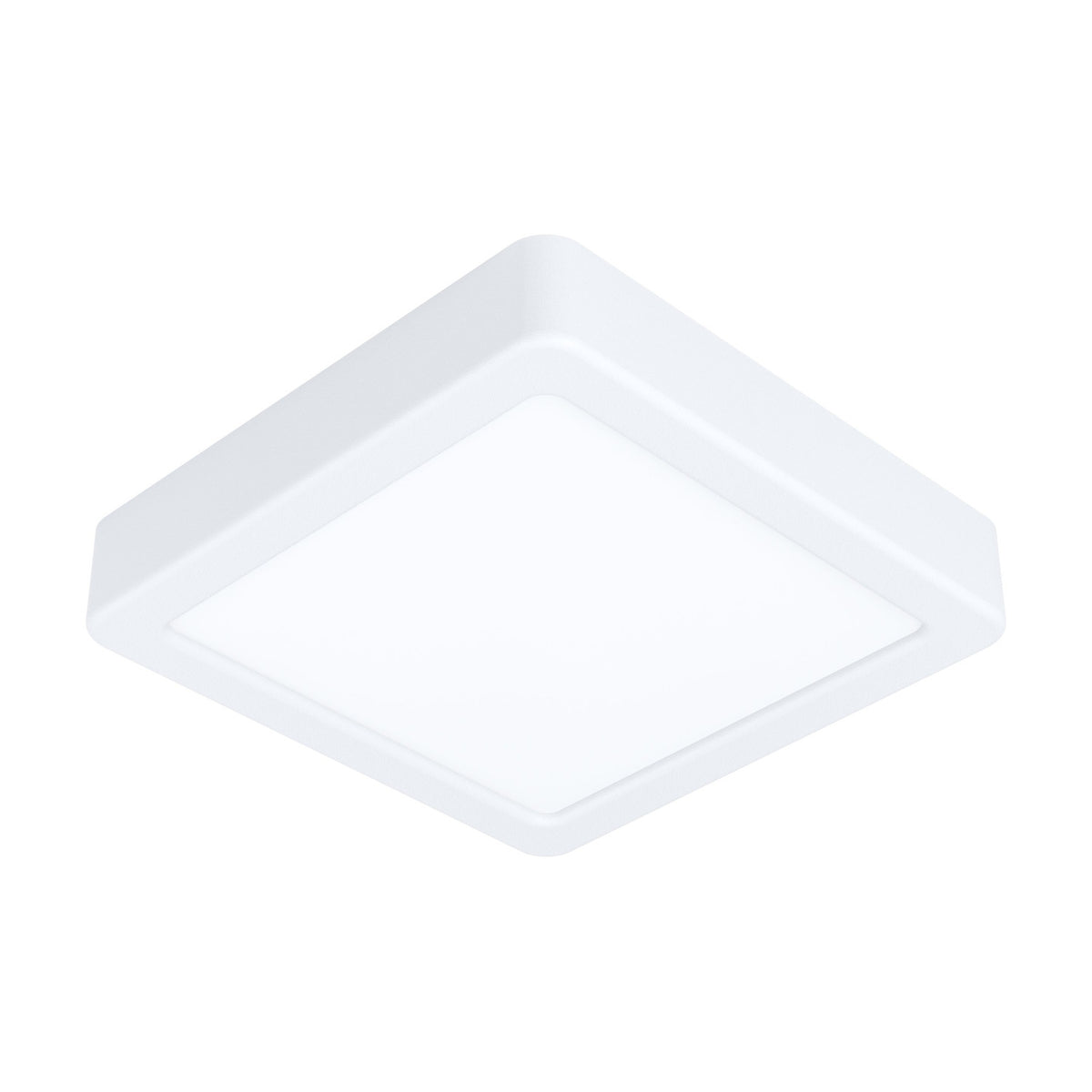 Gosmelle square LED downlight in white, 16 x 16cm flat ceiling fixture with white steel body and plastic diffuser, shown on a plain white background.