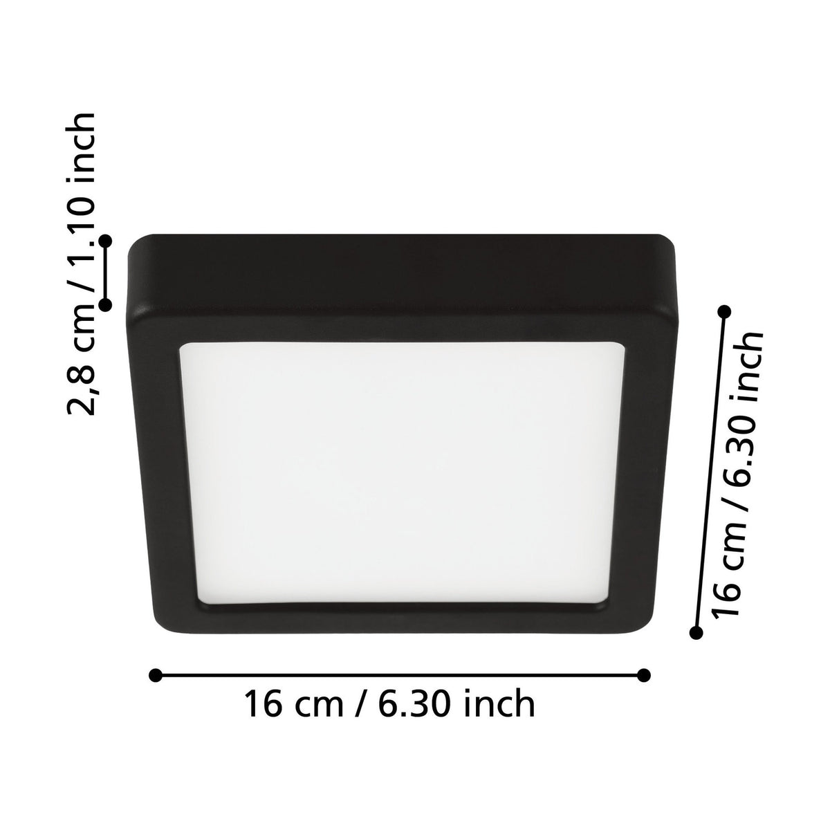 Gosmelle LED downlight, square black steel fixture with white plastic diffuser, shown with labelled dimensions 16 x 16cm and 2.8cm height on a white background.